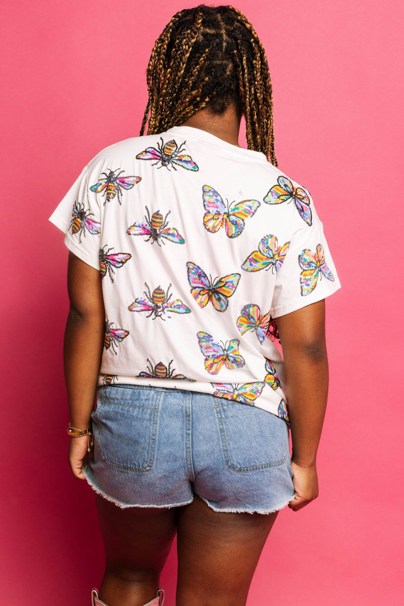 Queen Of Sparkles White Rainbow Butterfly & Bee Tee