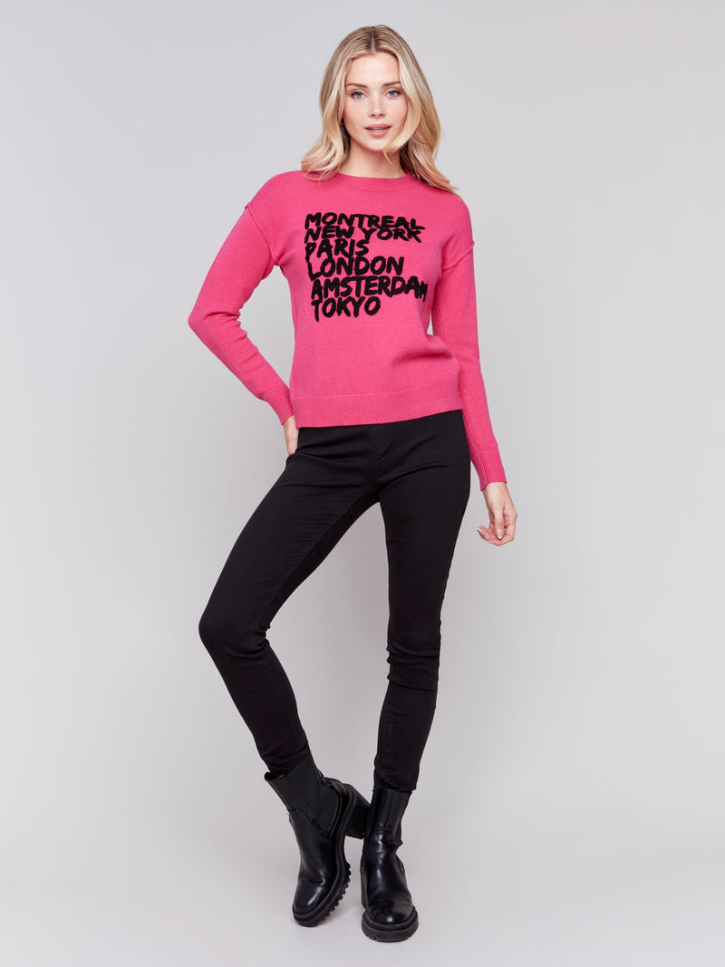 Charlie B Crew-Neck Sweater Knit with Cities Boucle Embroidery-Magenta