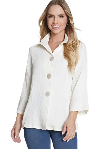 Multiples Textured Woven Point Collar 3/4 Sleeve Button-Front Jacket-Ivory