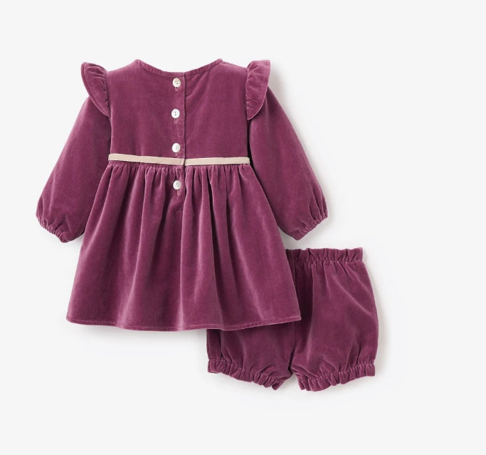 Elegant Baby Tulipwood Velveteen Tuxedo Bow Dress-Dark Violet