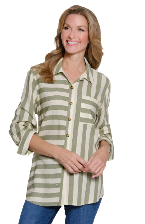 Multiples 3/4 Sleeve Stripe Shirt | Moss Green