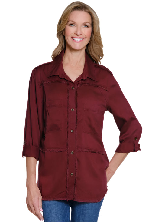 Multiples Roll Tab Button Front Fringed Shirt | Port