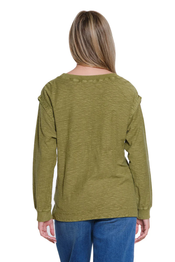 Tru Luxe Floral Appliqué Slub Knit Top | Olive