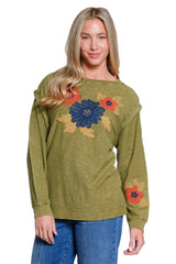 Tru Luxe Floral Appliqué Slub Knit Top | Olive