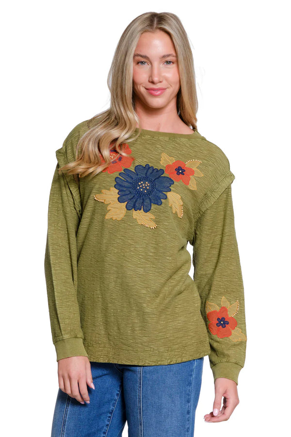 Tru Luxe Floral Appliqué Slub Knit Top | Olive