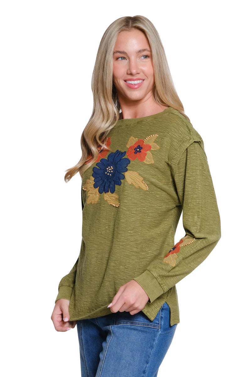 Tru Luxe Floral Appliqué Slub Knit Top | Olive