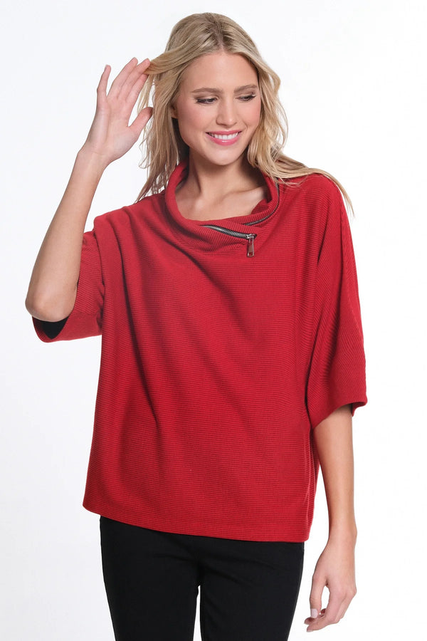 Multiples Elbow Dolman Sleeve Zip Cowl Collar Hi-Lo Top - Vivid Red