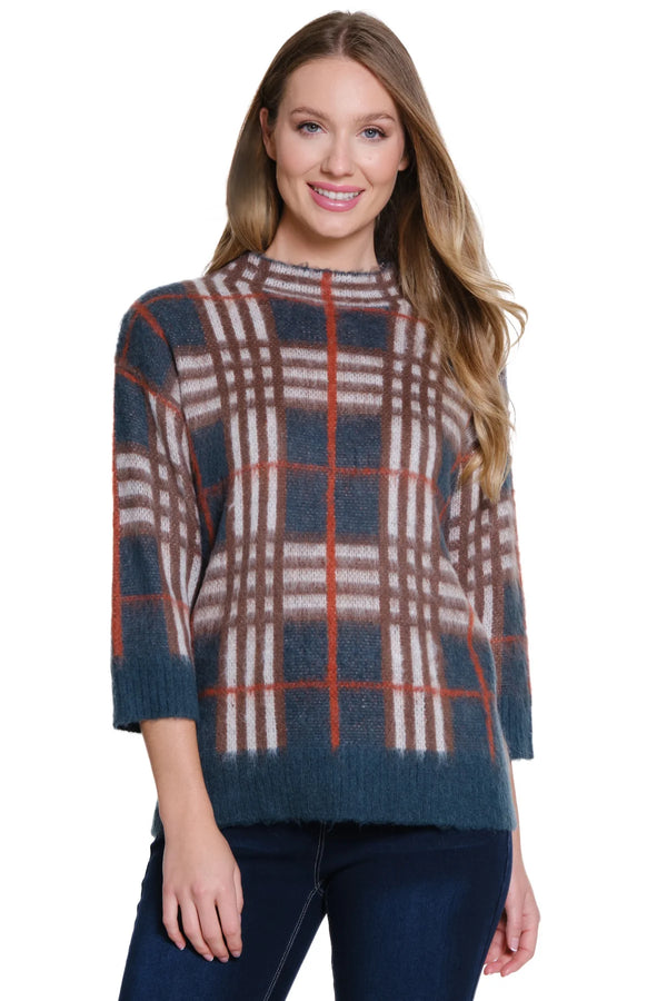 Multiples 3/4 Sleeve Plaid Mock Neck Sweater - Rich Teal