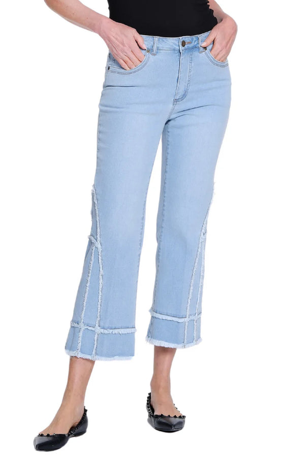 Multiples Slimsation® Flare Leg Crop Pant with Fringed Trim | Light Indigo