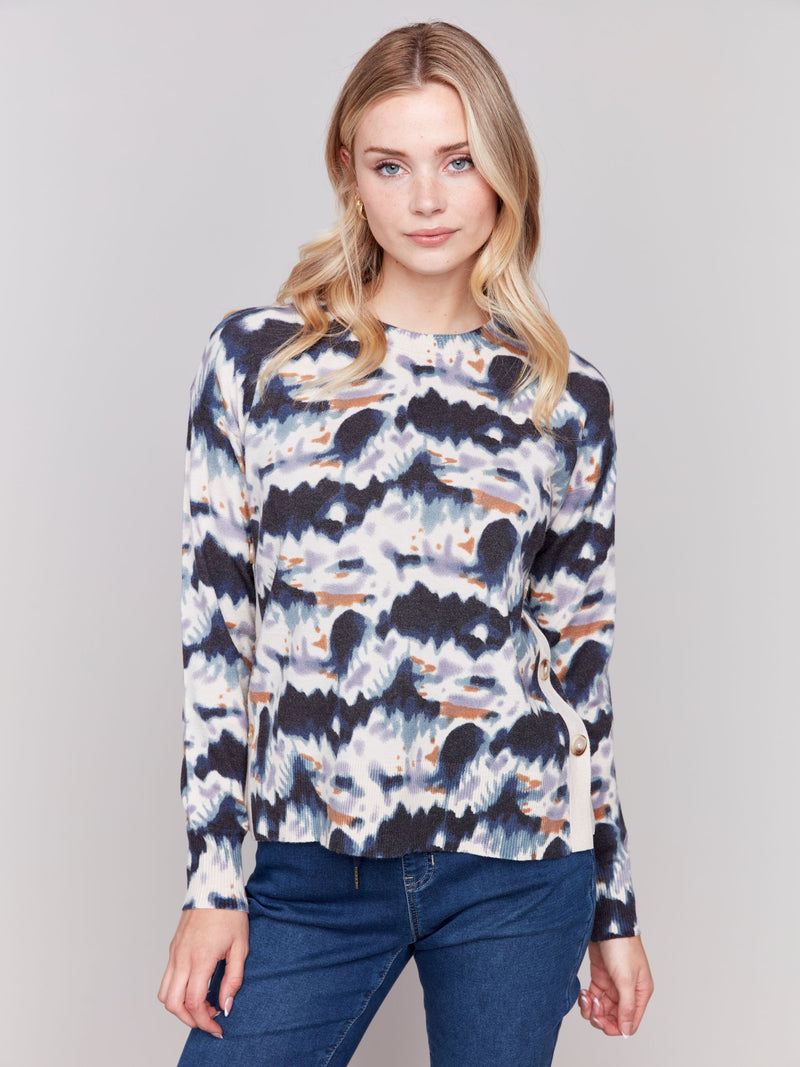 Charlie B Crew-Neck Drop-Shoulder Side Button Sweater-Tie Dye