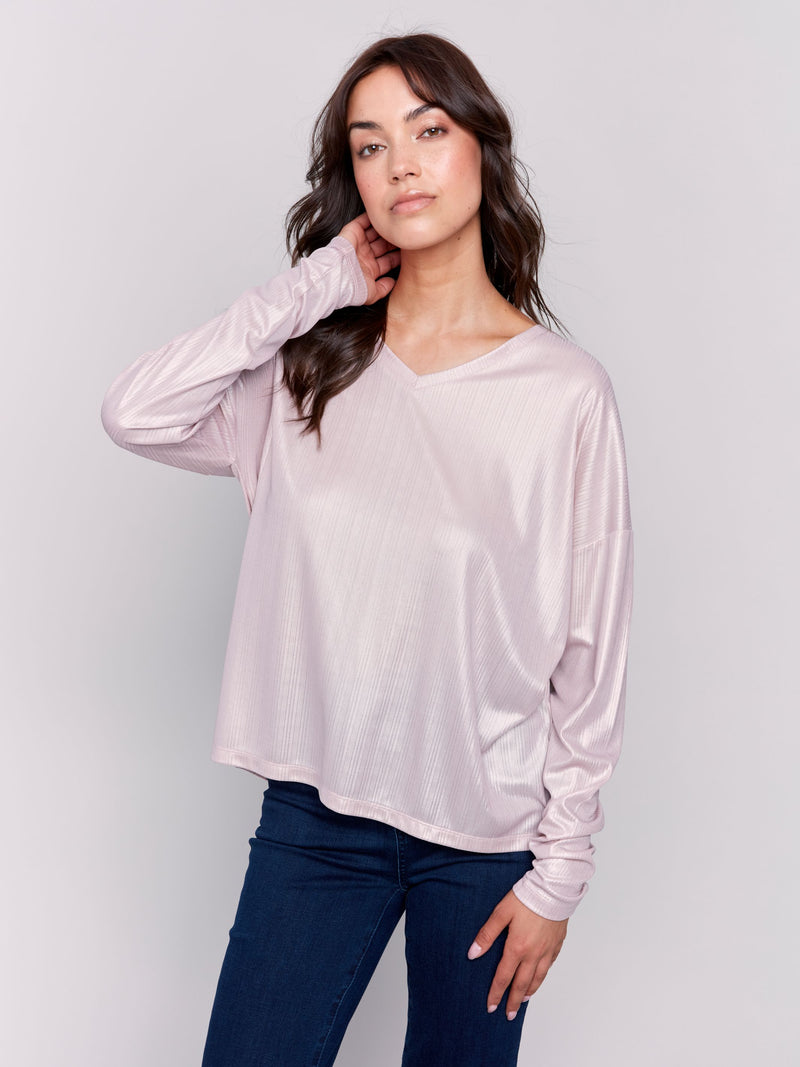 Charlie B Foiled Rib Jersey V-neck Knit Top-Quartz