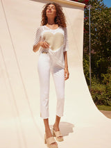 Charlie B Fishnet V-Neck Dolman Sweater with Lurex Heart | White