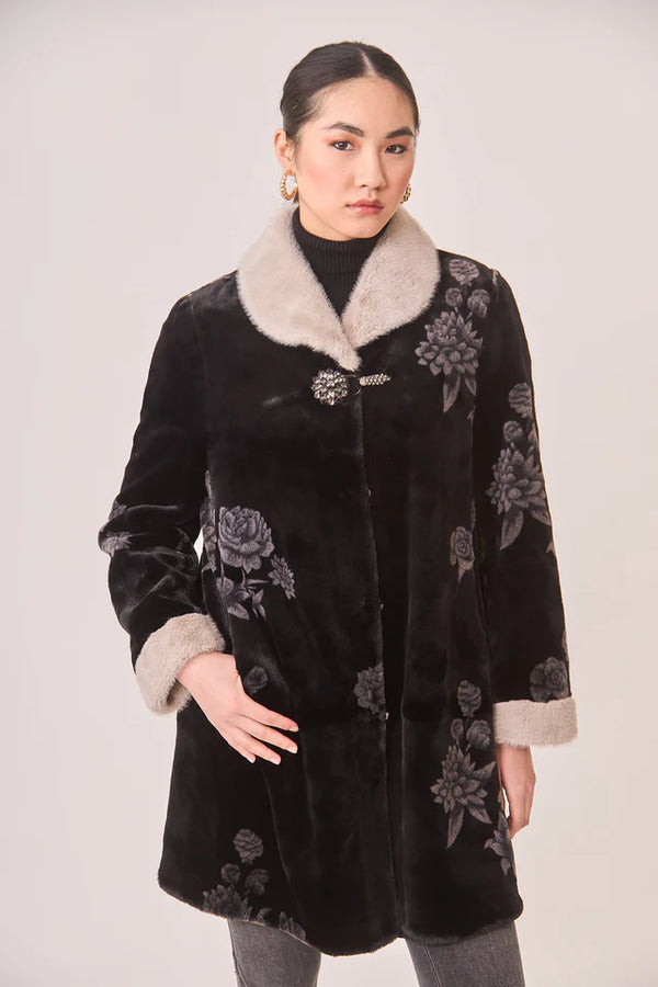 NKN nekane Fur Flower Coat with Jewel Button | Black