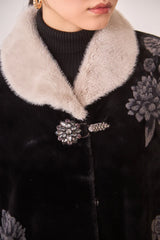 NKN nekane Fur Flower Coat with Jewel Button | Black