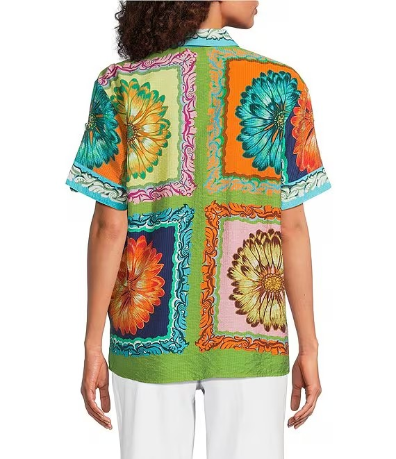 Tru Luxe Placement Print Short Sleeve Button Up | Multi
