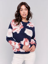 Charlie B Hairy Yarn Floral Jacquard Crew-Neck Sweater -Navy