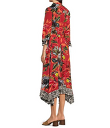 John Mark Woven Print Point Collar Tie Belt Button Front Midi Dress-Spice Print