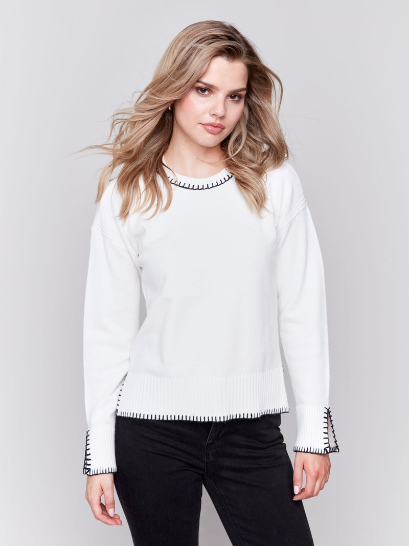 Charlie B Crew-Neck Plushy Sweater with Whipstitch Details-Cream