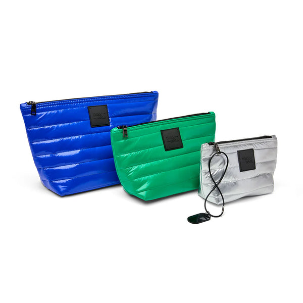 Think Royln Travel Trio Organizational Pouches| Cobalt/ Kelly Green & Pearl Silver