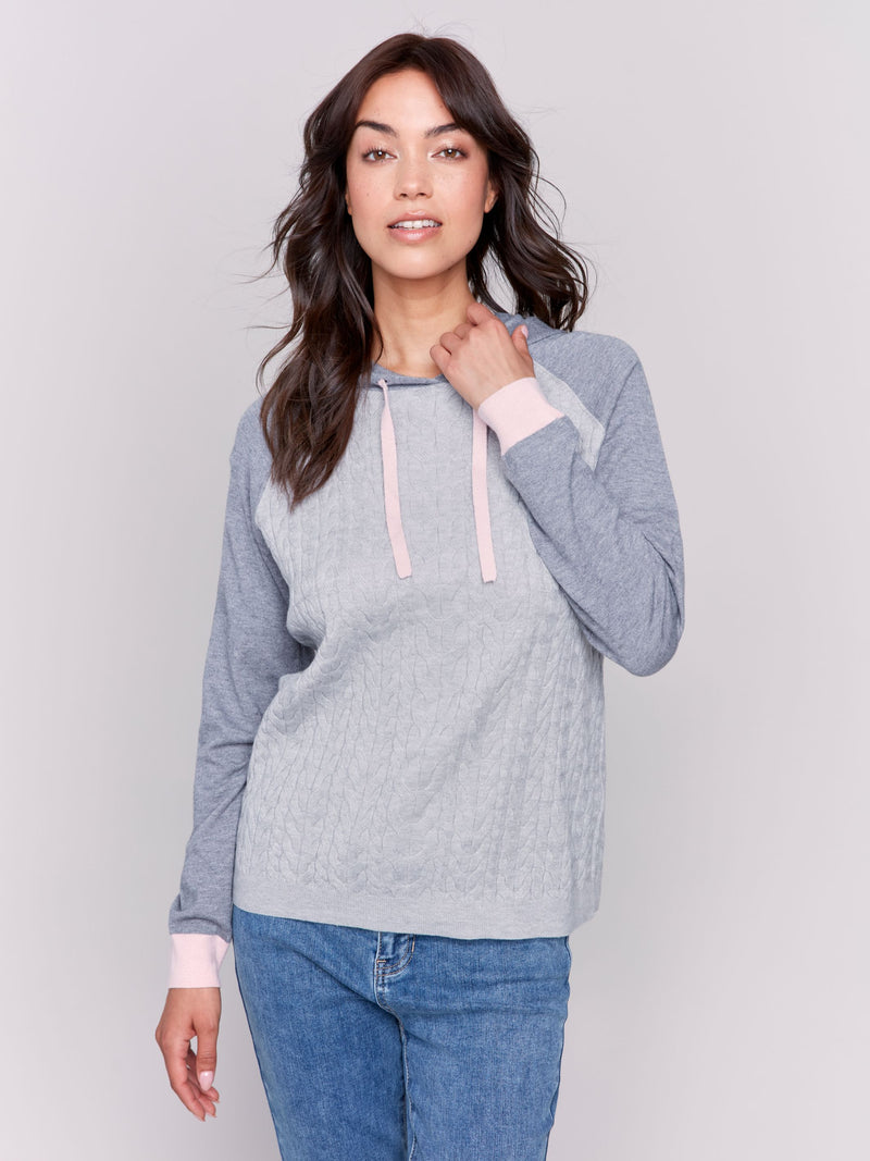 Charlie B Cable Knit Colorblock Raglan Hoodie Sweater-Grey