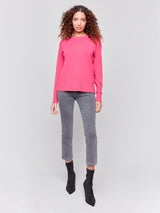 Charlie B Crew-Neck Drop-Shoulder Side Button Sweater- Magenta