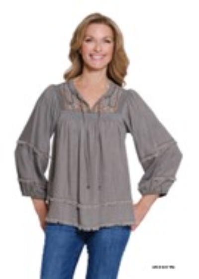 Multiples Embroidered Band Collar Fringe Hem Top | Medium Grey Denim