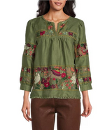 John Mark Woven Embroidered Animal Split V Neck Pullover Tunic-Olive