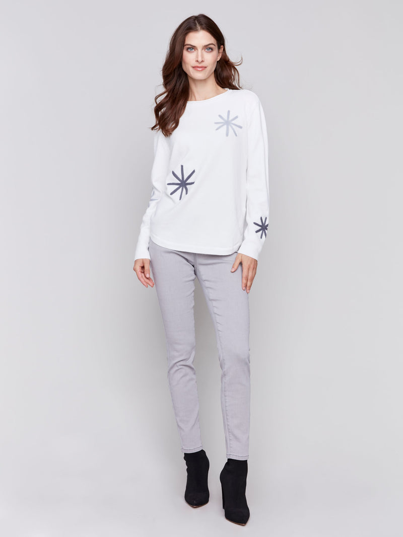 Charlie B Crew-Neck Sweater with Needle Punch Design -Ecru