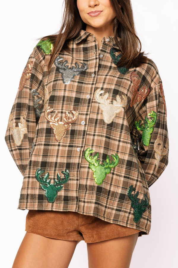 Queen Of Sparkles Brown Plaid Deer Head Long Sleeve Top