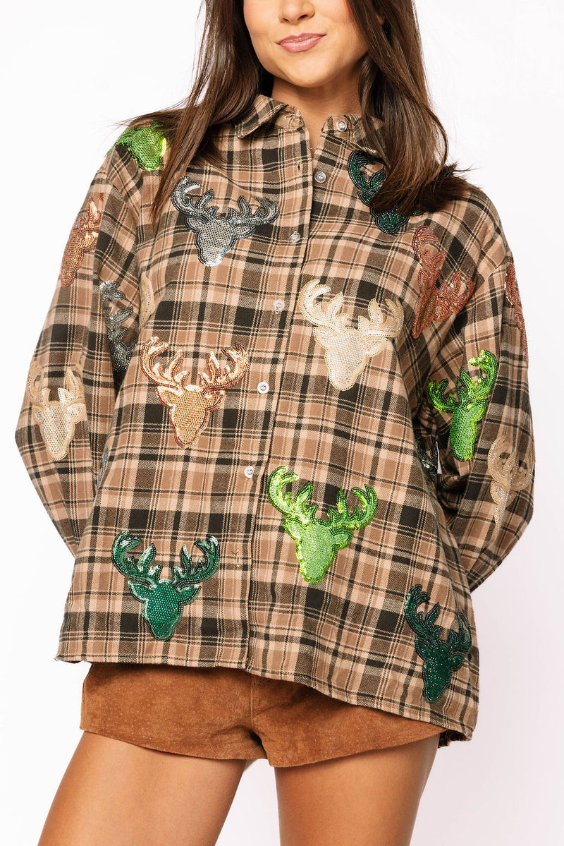 Queen Of Sparkles Brown Plaid Deer Head Long Sleeve Top