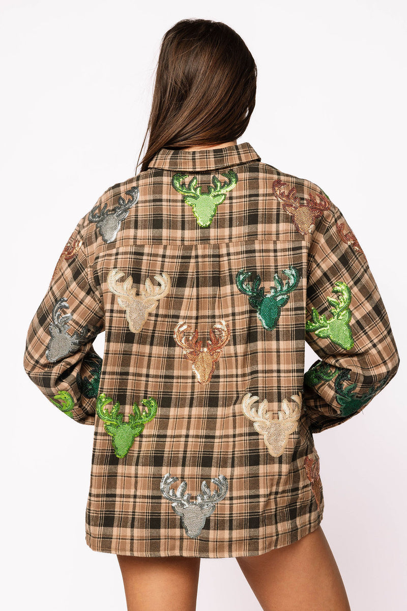 Queen Of Sparkles Brown Plaid Deer Head Long Sleeve Top
