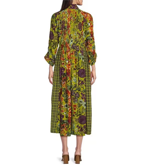 John Mark Woven Mixed Print Point Collar Button Front Dress-Citron