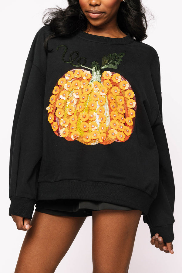 Queen Of Sparkles Black & Orange Flower Sequin Pumpkin Sweatshirt