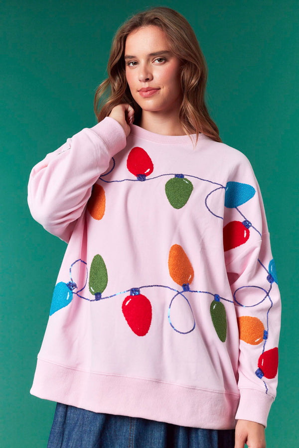 Fantastic Fawn Embroidery & Sequins Multi Color Light Oversized Sweatshirt | Light Pink