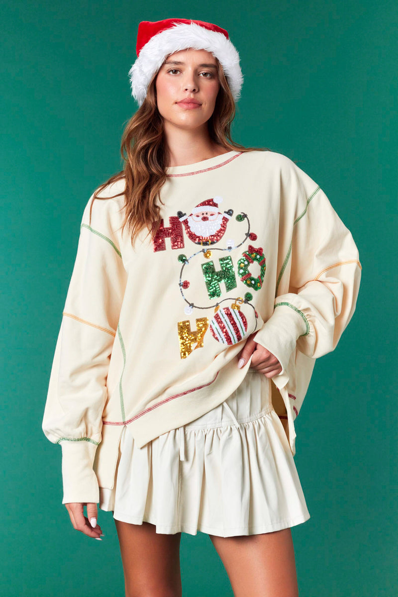 Fantastic Fawn Sequins 'Hohoho' Detailed High & Low Sweatshirt | Ivory
