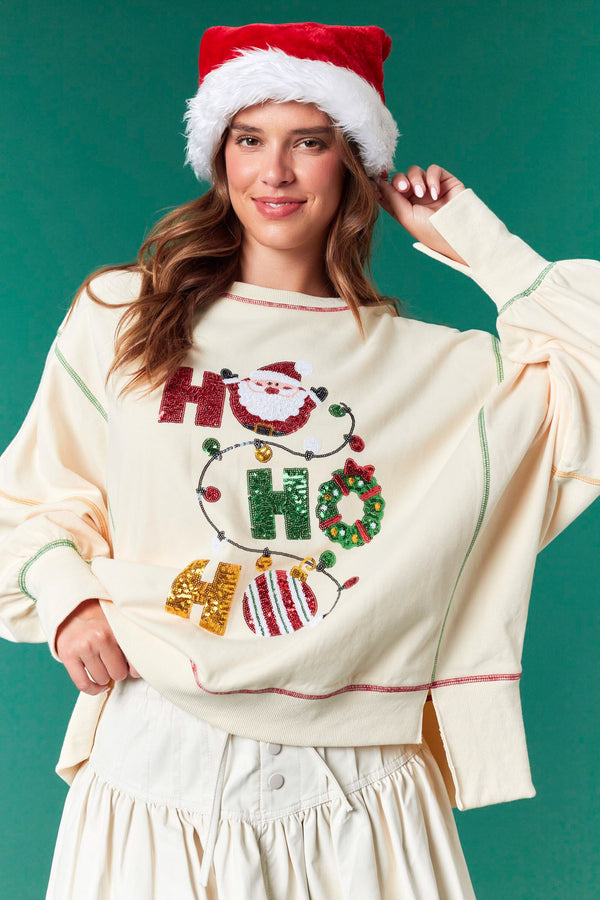 Fantastic Fawn Sequins 'Hohoho' Detailed High & Low Sweatshirt | Ivory