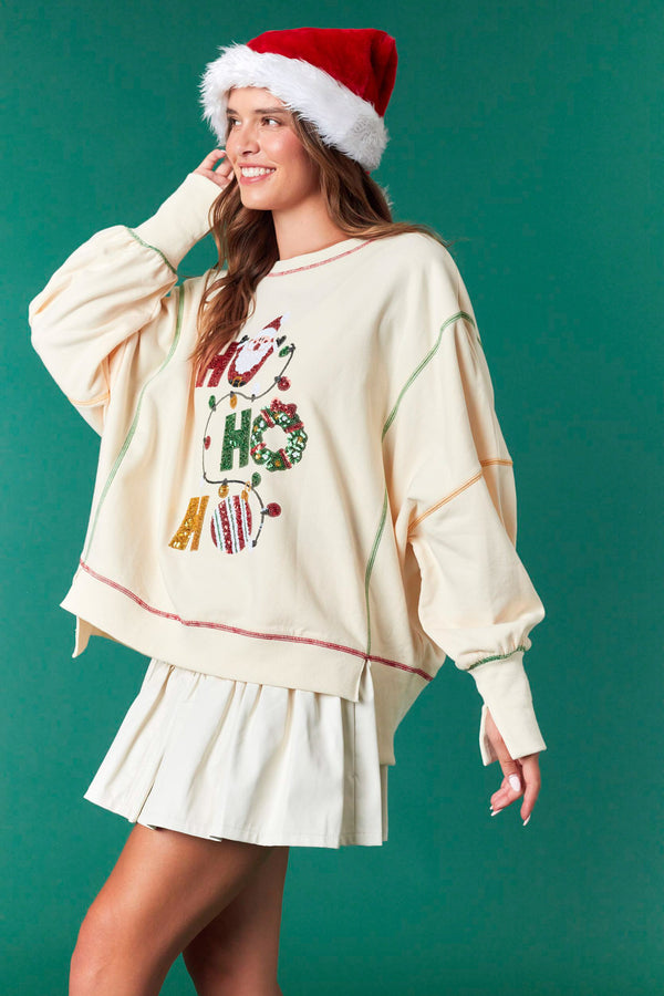 Fantastic Fawn Sequins 'Hohoho' Detailed High & Low Sweatshirt | Ivory