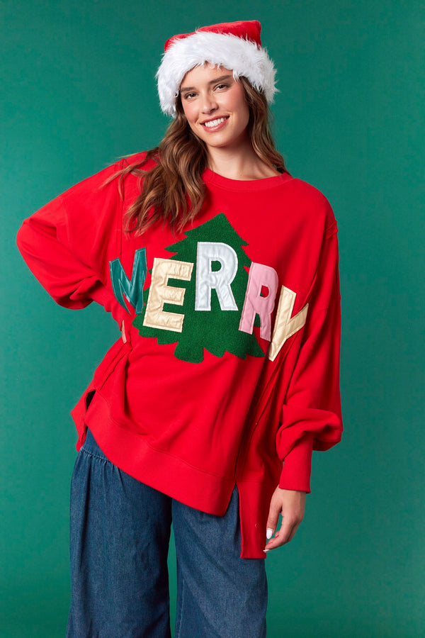 Fantastic Fawn Metallic Faux Leather 'Merry' Patches with Embroidery Tree Sweatshirt | Red