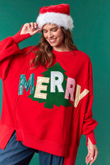 Fantastic Fawn Metallic Faux Leather 'Merry' Patches with Embroidery Tree Sweatshirt | Red