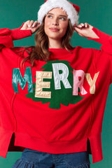 Fantastic Fawn Metallic Faux Leather 'Merry' Patches with Embroidery Tree Sweatshirt | Red