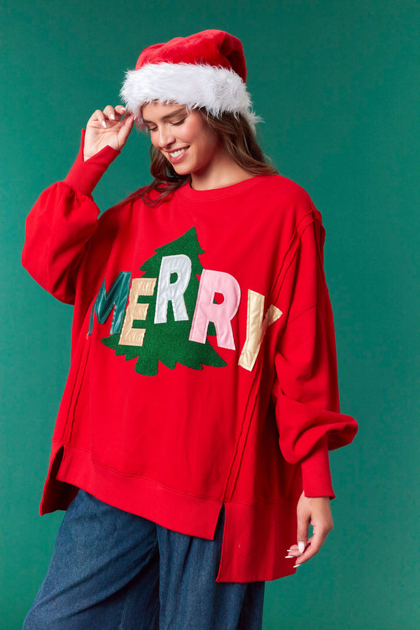 Fantastic Fawn Metallic Faux Leather 'Merry' Patches with Embroidery Tree Sweatshirt | Red