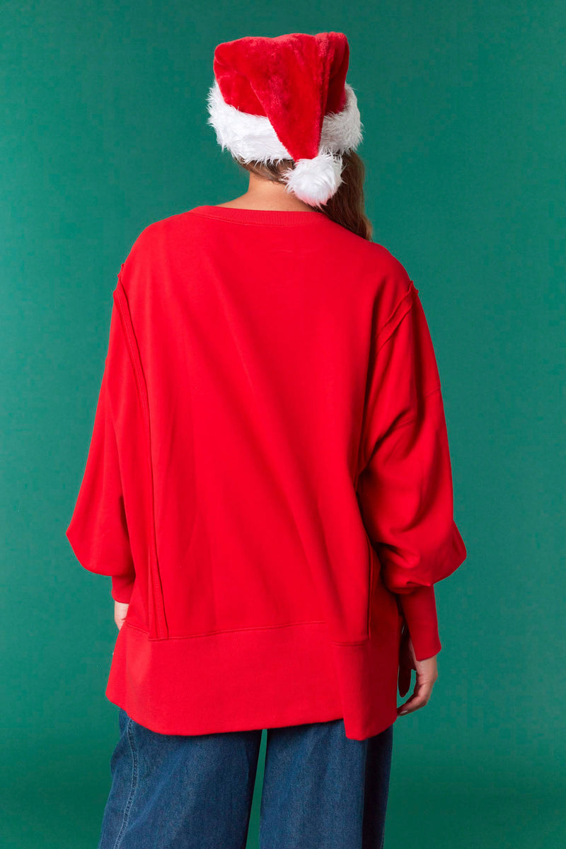 Fantastic Fawn Metallic Faux Leather 'Merry' Patches with Embroidery Tree Sweatshirt | Red