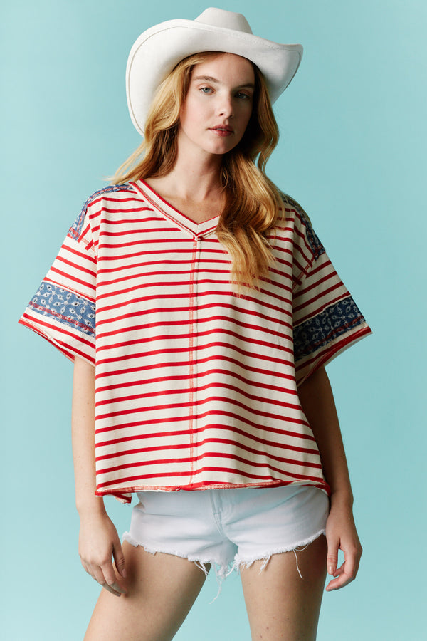Fantastic Fawn Americana V Neck Stripe Color Block Top