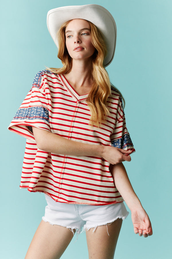 Fantastic Fawn Americana V Neck Stripe Color Block Top