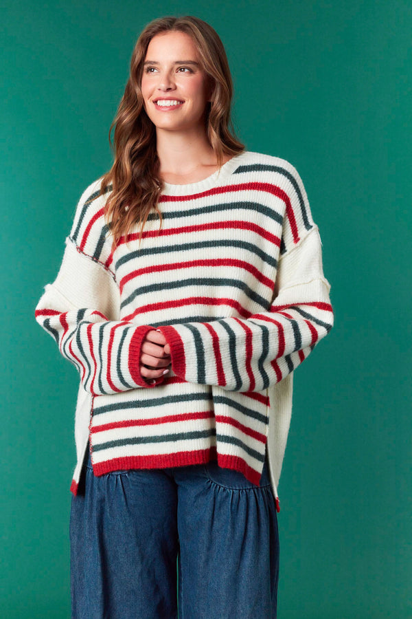 Fantastic Fawn Striped Cut Edge Detailed High & Low Hem Oversized Sweater