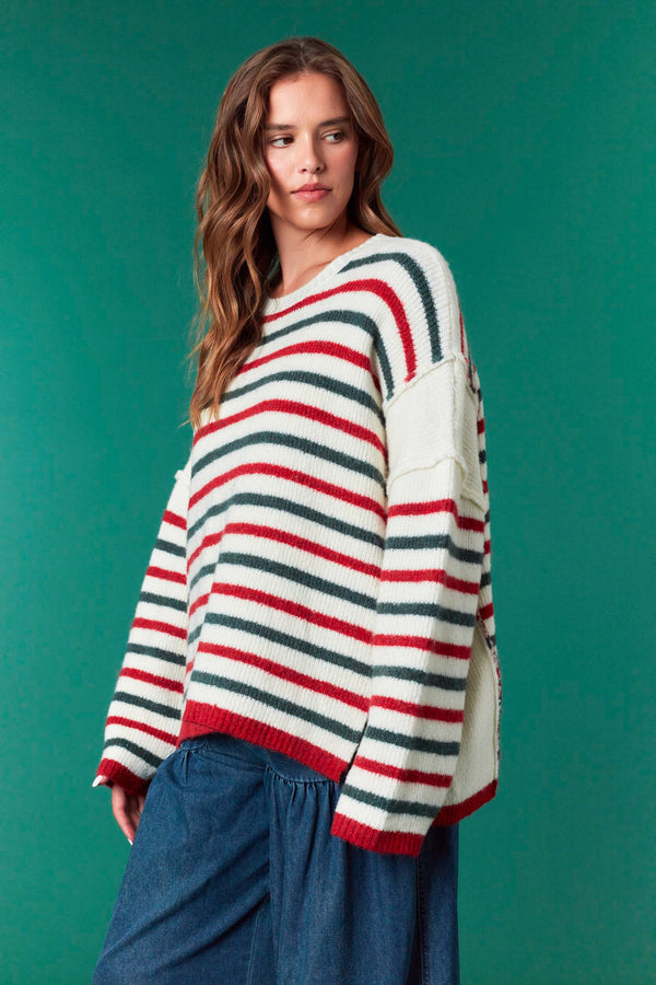 Fantastic Fawn Striped Cut Edge Detailed High & Low Hem Oversized Sweater
