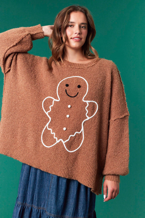 Fantastic Fawn Gingerbread Man Oversized Sweater Top | Brown