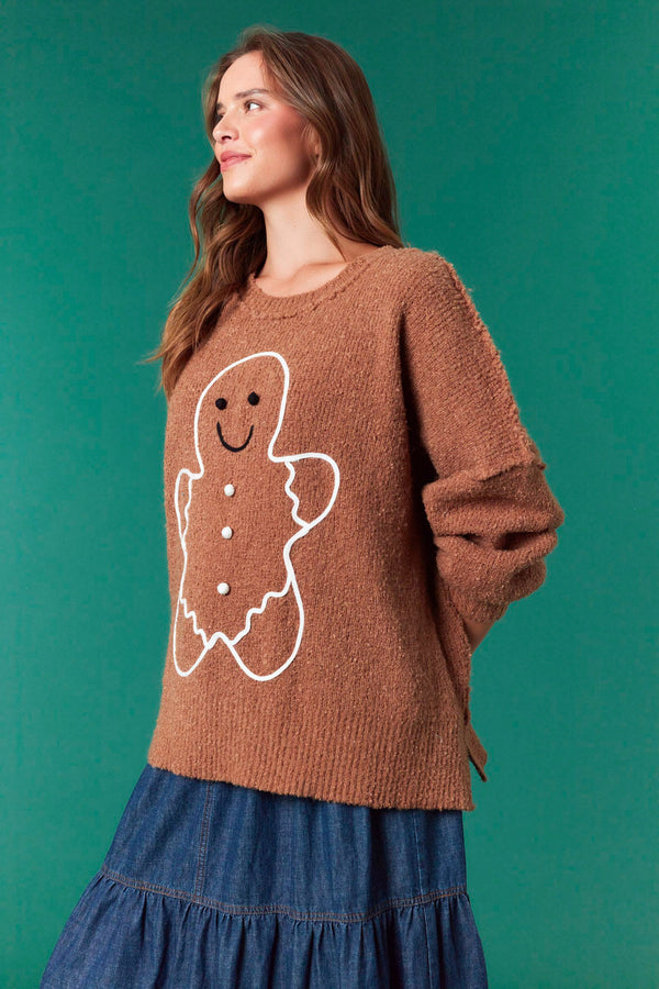 Fantastic Fawn Gingerbread Man Oversized Sweater Top | Brown
