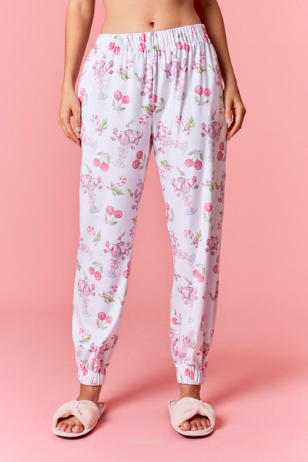 Peach Love Cherry with Santa Claus Printed Velour Jogger Fit Pajama Pants | White
