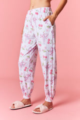 Peach Love Cherry with Santa Claus Printed Velour Jogger Fit Pajama Pants | White